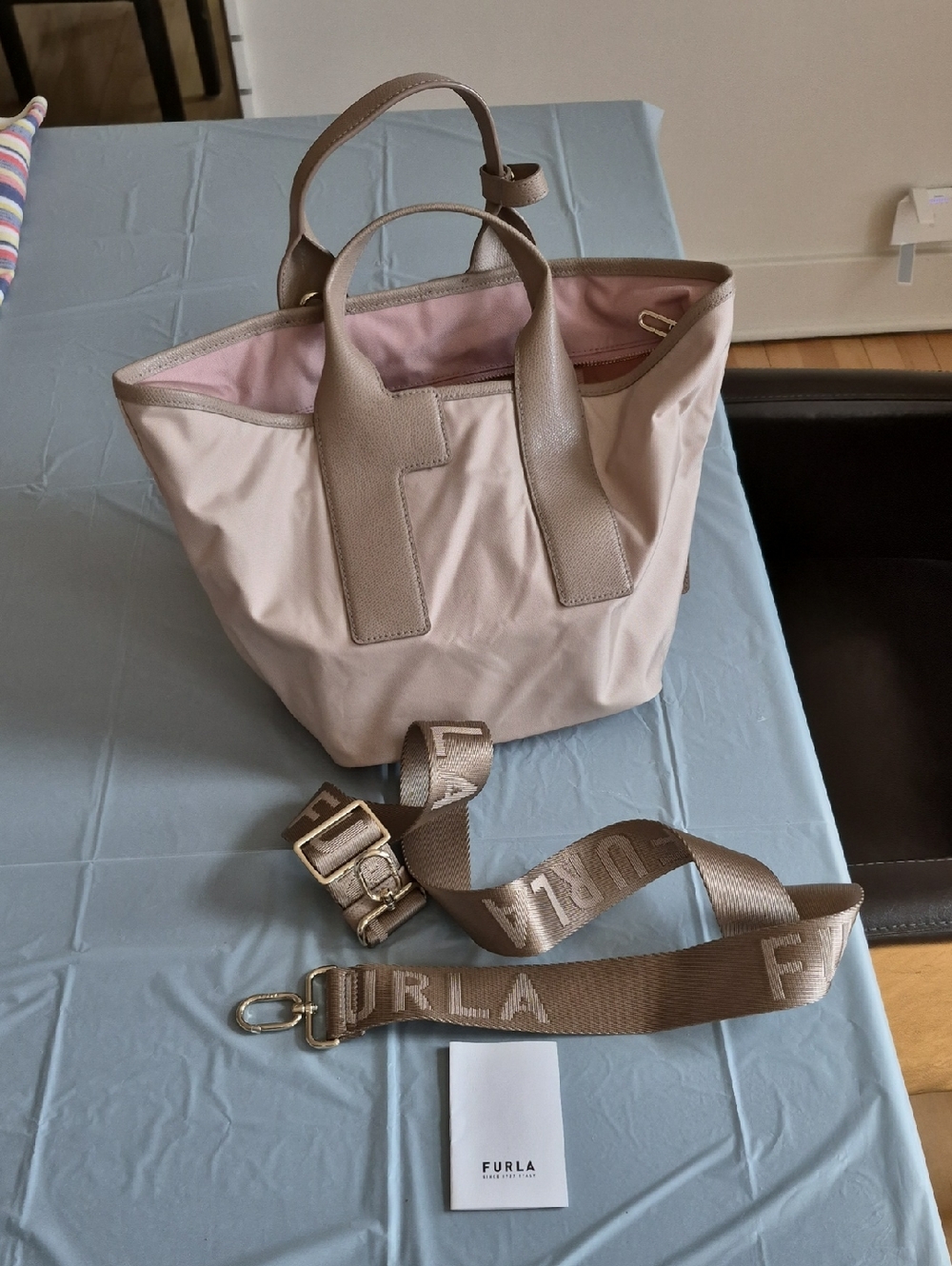 Furla Tote In Taupe  Leather Accents and Branded Strap